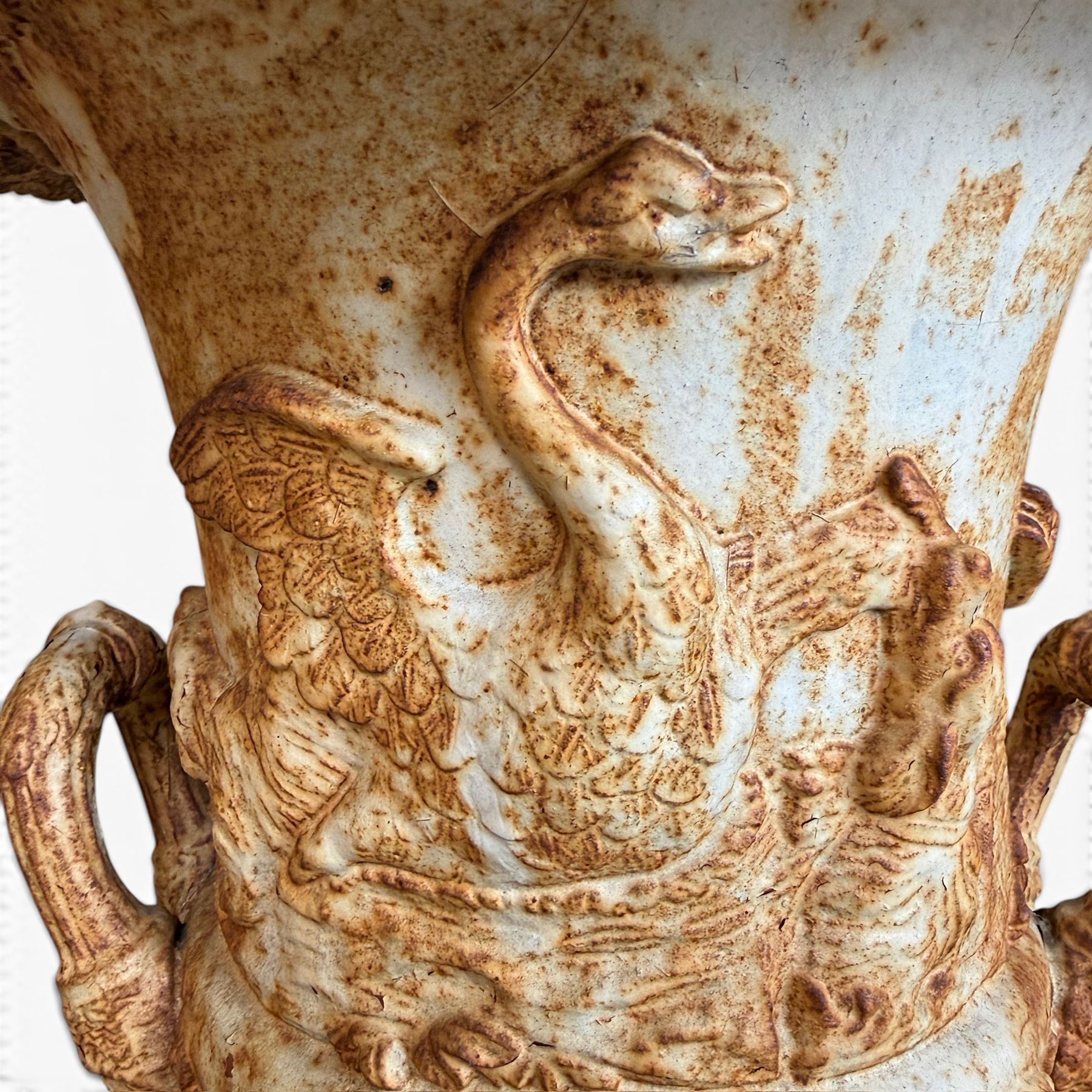 Andrew Handyside - pair of 19th century best quality cast iron garden urns, individually detailed in relief Allegorical Figures and Helaldic Swans, campagna form with twin handles, detail under rim, raised on circular fluted base