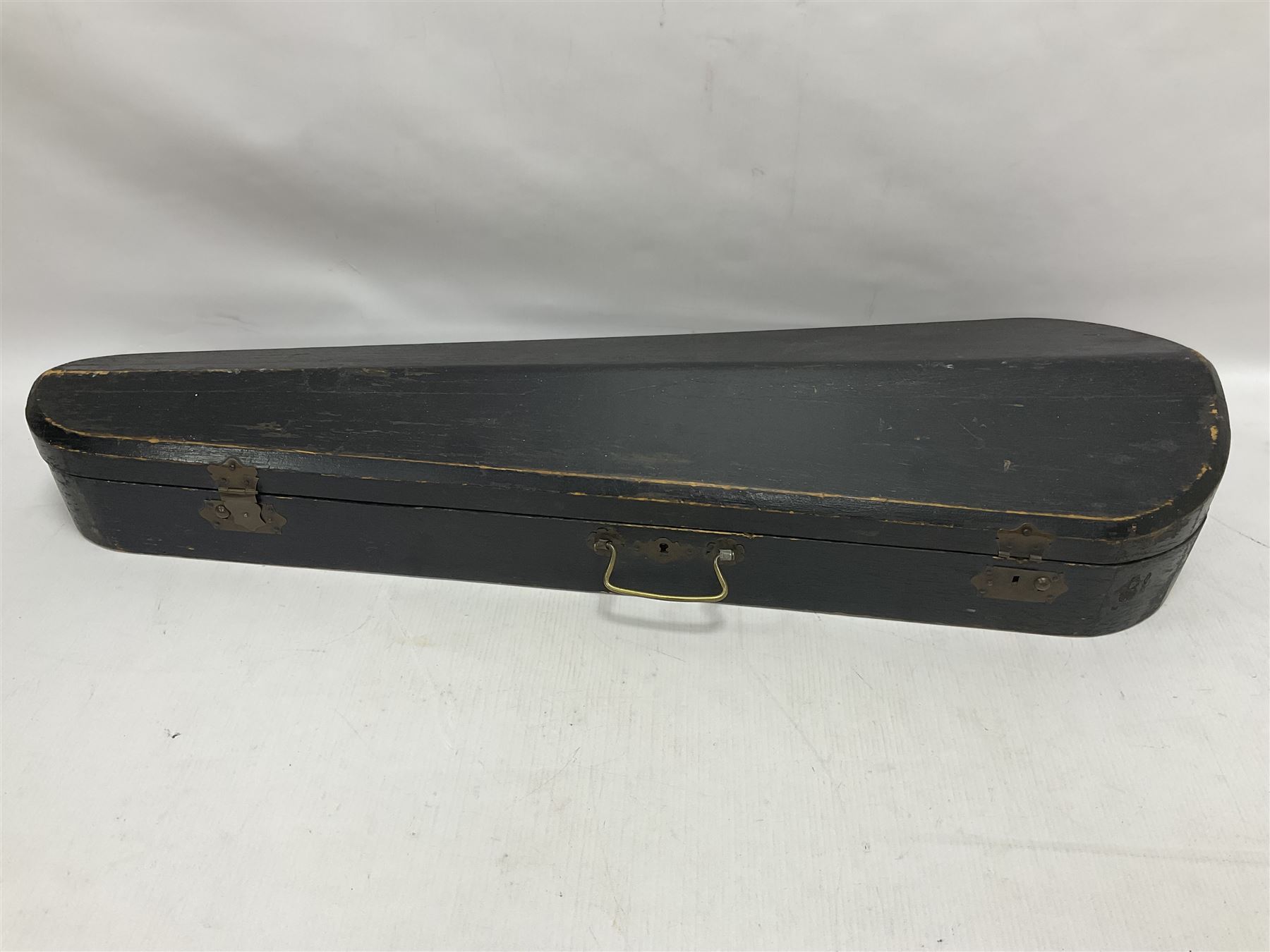 Full size violin and bow in a wooden constructed fitted case, back length 35cm, full length 60cm