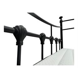 Contemporary Victorian revival black metal day bed, featuring arched back and sides with turned finials and spindle rails, complete with single 'OTTO' mattress