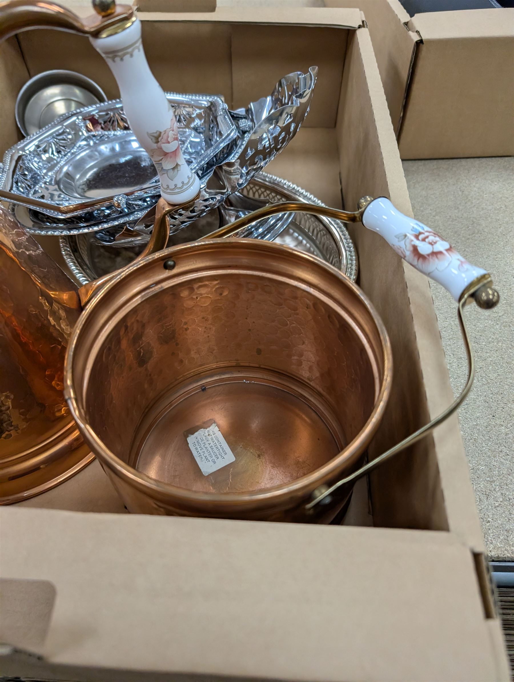 Quantity of metalware, including copper jug and bucket with ceramic handles, silver plated tea wares, souvenir spoons, etc