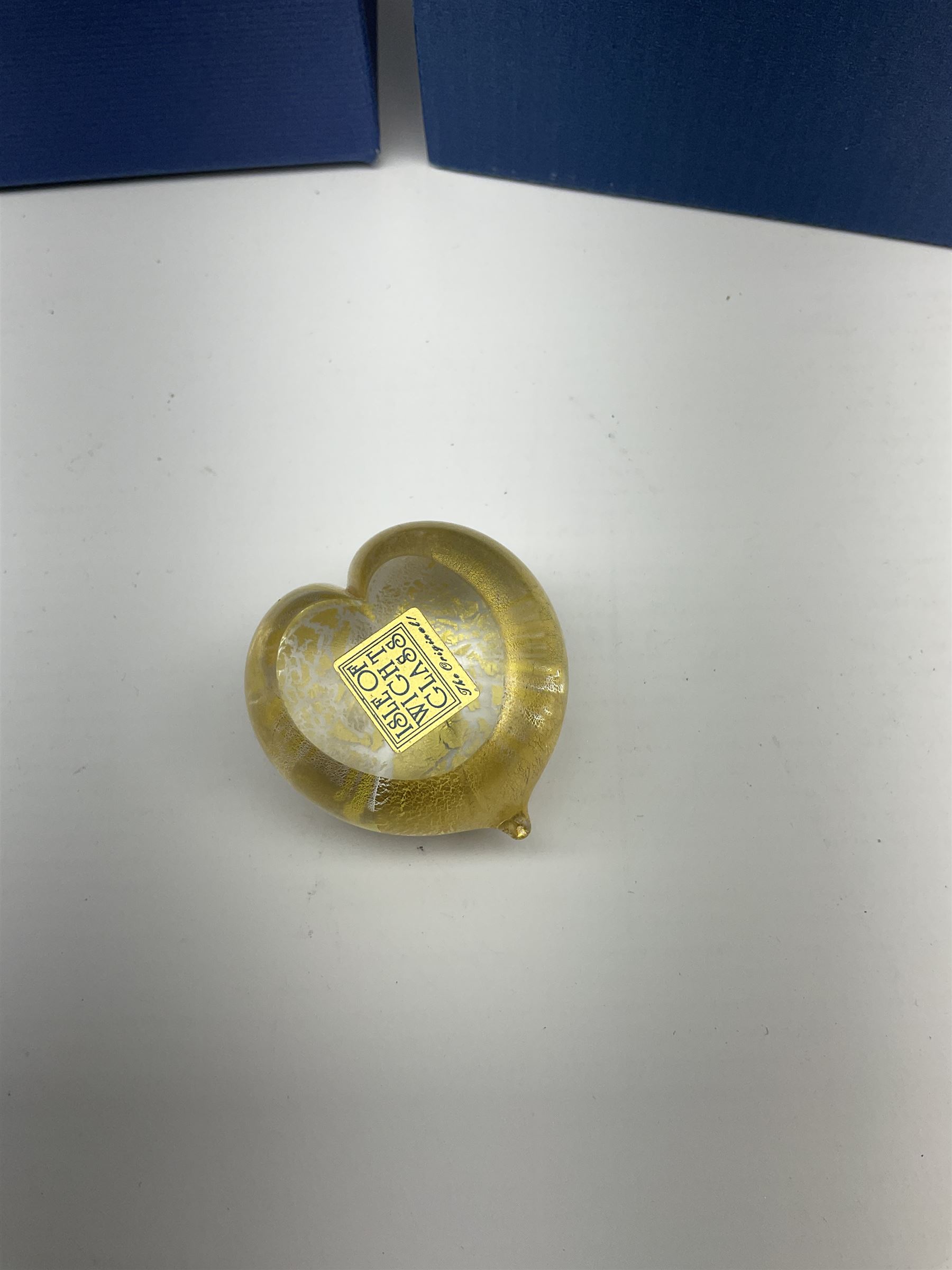 Two Art Glass Jonathan Harris vases, The first example of a baluster form, the second example of tapering cylindrical form,  each with iridescent decoration in tones of purple and blue, tallest example H18.5cm, each with makers box, together with a Isle of Wight glass paperweight. 