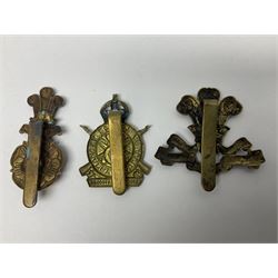 Nineteen Yeomanry metal cap badges including Derbyshire, Northamptonshire, Essex, Glamorgan, Staffordshire, City of London, Surrey, Shropshire, Hertfordshire etc; together with eleven Fusiliers badges including Lancashire, Royal Welch, Northumberland etc (30)