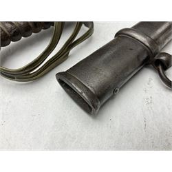 19th century Imperial German army heavy cavalry officers sword by Schnitzler and Kirschbaum, with 89cm single fullered steel blade and sheet steel basket hilt with teardrop cut-out and wire-bound leather grip L107.5cm overall; in steel scabbard with two suspension rings; and British Army 1822 Pattern Infantry Officer's sword in associated scabbard (2)