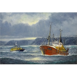 Jack Rigg (British 1927-): Poole Lifeboat 47-023 and a Peterhead Trawler off the Coast, oil on board signed 44cm x 65cm 


