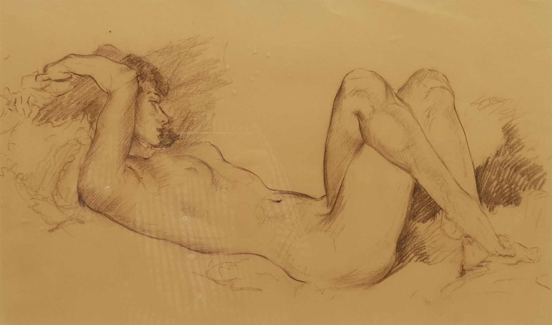 Attrib. Fortunino Matania (Italian 1881-1963): Nude with Arms Outstretched, crayon unsigned, attribution in a later hand verso 28cm x 47cm