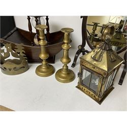 Wooden trough and similar dressing table mirror, together with other collectables, including hour glass time, brass candlesticks, lantern, etc