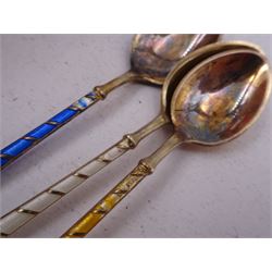 Set of six Danish silver gilt coloured guilloche enamel coffee spoons, each spoon with twist design enamel handle and ball finial, stamped Ela Denmark Sterling, in case