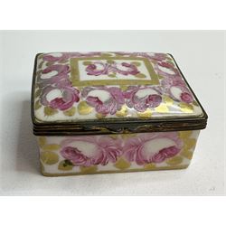 Early 19th century Swansea box of rectangular form, densely decorated with painted pink cabbage roses and gilt foliage upon plain ground, the hinged lid opening to reveal interior painted with two further roses upon plain ground, marked Swansea. in gilded lettering beneath, W7cm H3.5cm D5.5cm