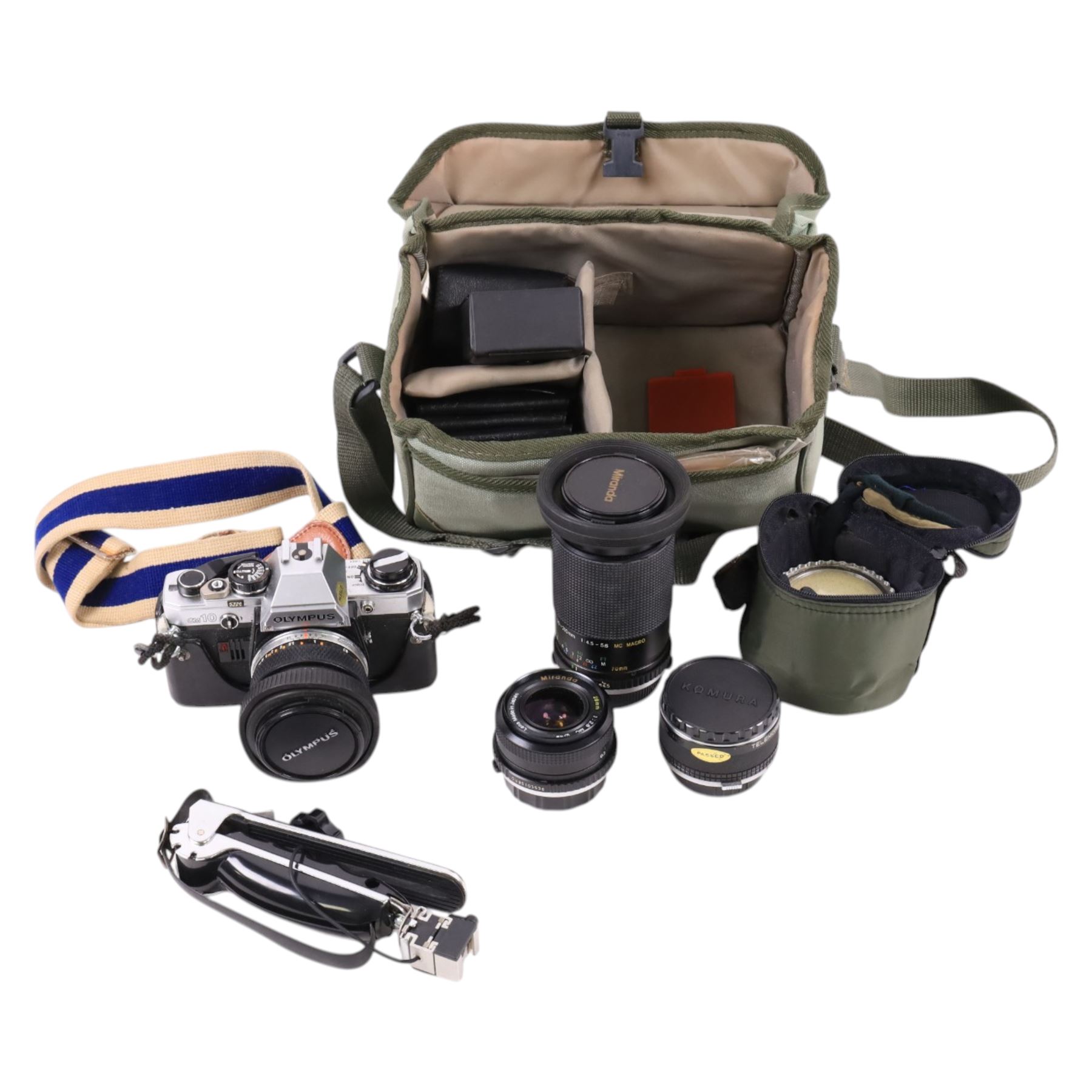 Olympus OM10 SLR camera, lenses including Miranda 28mm 1:2.8 and Miranda 70-210mm 1:4.5-5.6, other accessories, carry case and lens pouches