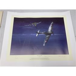 Collection of twenty-one unframed and seven framed prints of predominantly aviation interest after David Pritchard, Brian Petch, Stephen Teasdale, Barry Price, Coulson, Wardle etc; depicting Spitfires, Hurricanes etc; some limited editions with certificates and many bearing multiple signatures on the mount