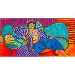Manner of Henri Matisse (French 1869-1954): Lady Reclining and Goldfish Bowl, oil on panel and gouache on card bearing signatures, max 41.5cm x 31cm (2) (unframed)
