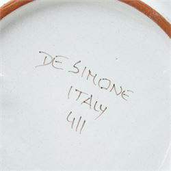 Giovanni DeSimone - two hand-painted mid-century plates, each incised and polychrome enamelled, signed to the front , larger plate D25cm