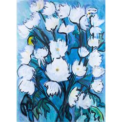 Clodagh McGuinness (Irish Contemporary): Still Life of Flowers, three large mixed media works variously signed, two 70cm x 52cm, smaller example 54cm x 40cm (3)