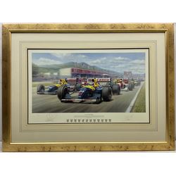 Tony Smith (British 20th century): 'Il Leone - World Champion', limited edition print signed and numbered in pencil 43cm x 69cm; Debra Wenlock (British Contemporary): Racing Scene, watercolour signed 42cm x 50cm (2)