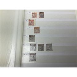 Mostly Great British Queen Victoria stamps, including penny black with black MX cancel, 1840 two pence blue with black cancel, imperf penny reds singles and pairs, perf penny reds stars and plates, various postmarks or cancels, penny reds on pieces or covers, halfpenny 'bantams', other QV issues with some higher values etc, housed in a blue stockbook
