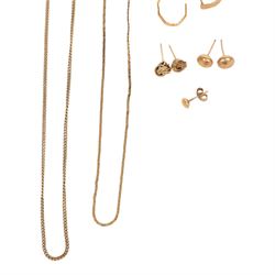 9ct gold jewellery, comprising signet ring, three pairs of stud earrings, single earrings, locket and two chains