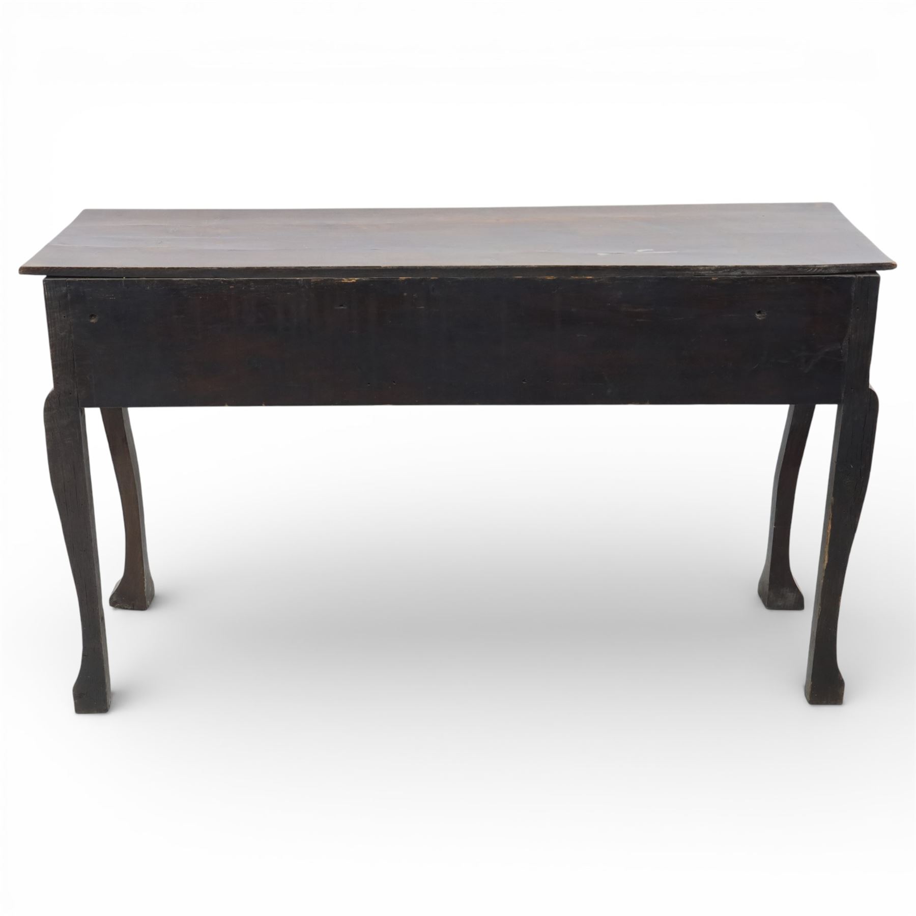 Late 19th century Jacobean revival oak side table, plank top with moulded edge over a central cupboard door and two frieze drawers carved with geometric lozenge motifs and framed by bobbin turned uprights, fitted with brass drop handles, raised on shaped cabriole supports with block feet