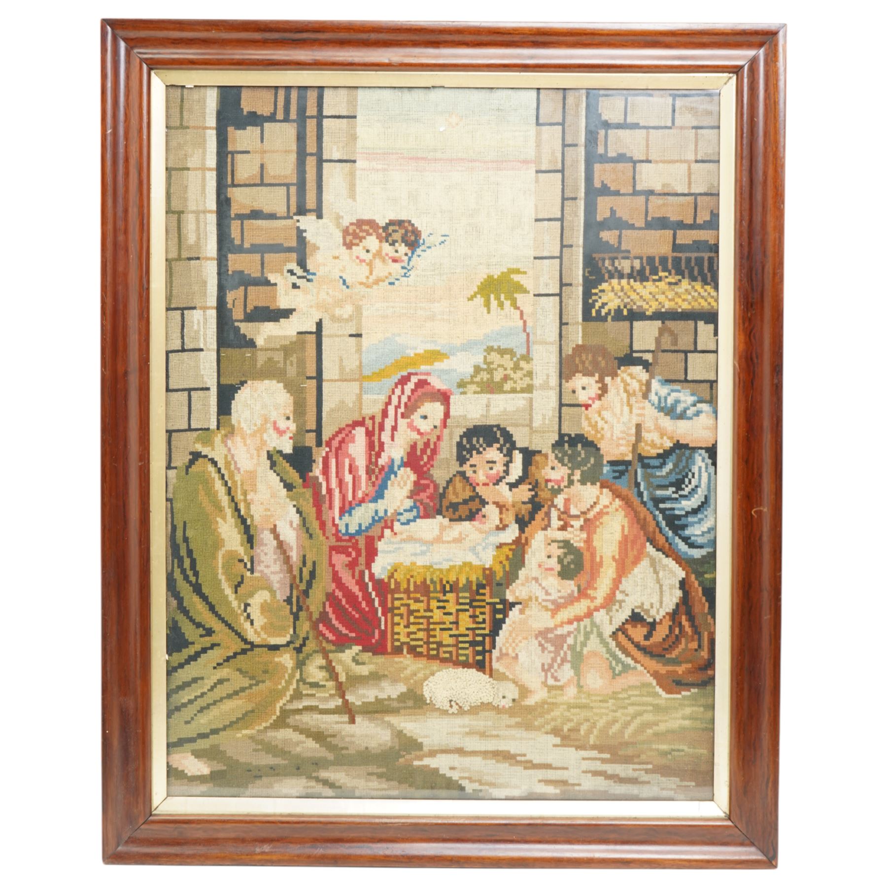 Mid-19th century needlework panel depicting the birth of Christ, framed 73cm x 56cm