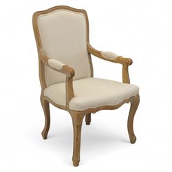 French design white oak armchair, upholstered in natural linen fabric