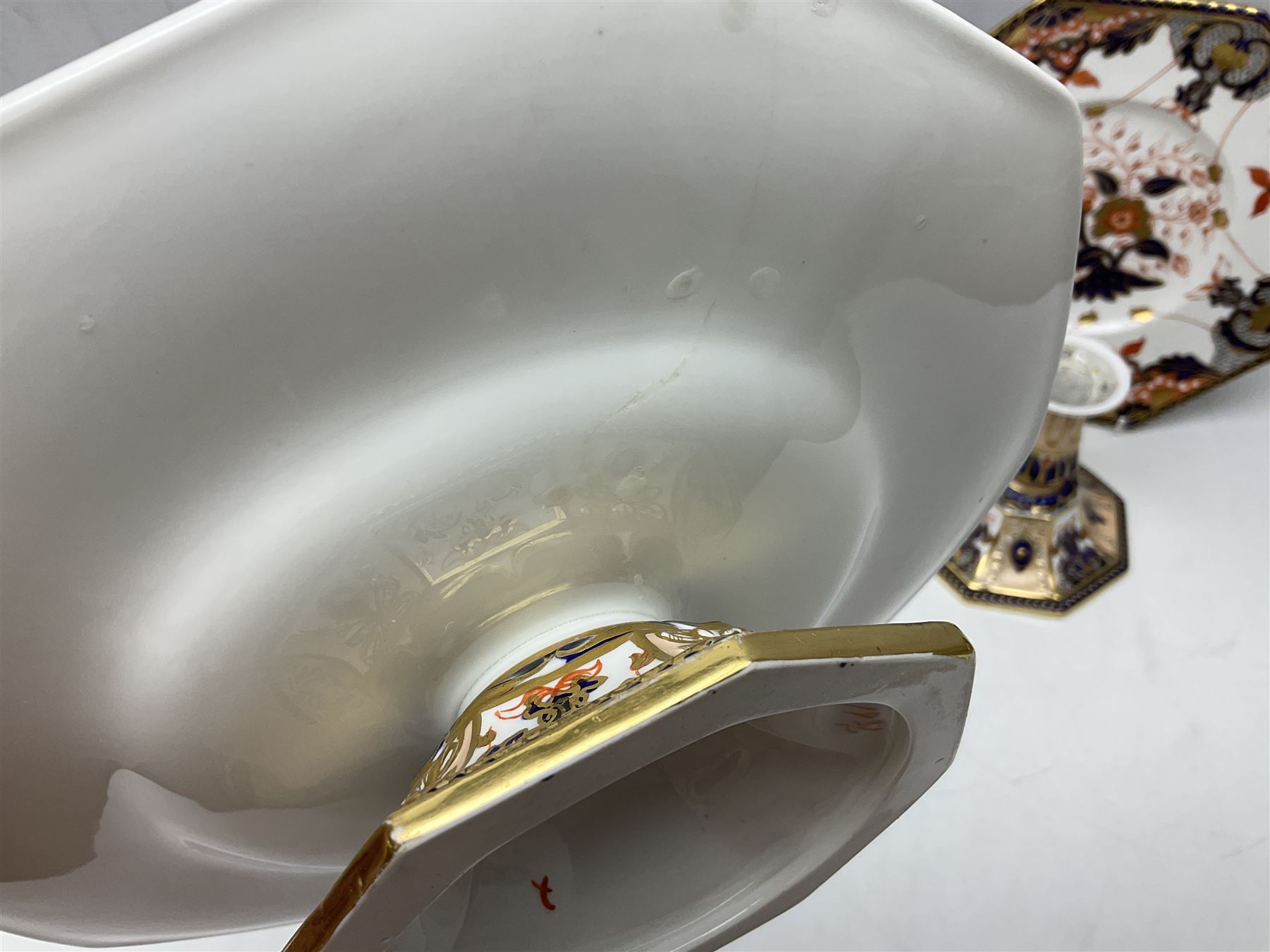 Devonport imari pattern comport set, comprising two tall comports and three low comports, together with twin handled pedestal ovoid vase, decorated with landscape with gilt swan handles, vase H25cm