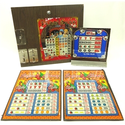 Bally 'Texas Star' glass fruit machine screen mounted in a wooden front with three coin acceptor mechanisms for 5p, 10p token and 50p, two Bally 'Super Cherry' glass fruit machine screens, 35.5x30.5cm and another glass fruit machine screen on a metal mount (4)  