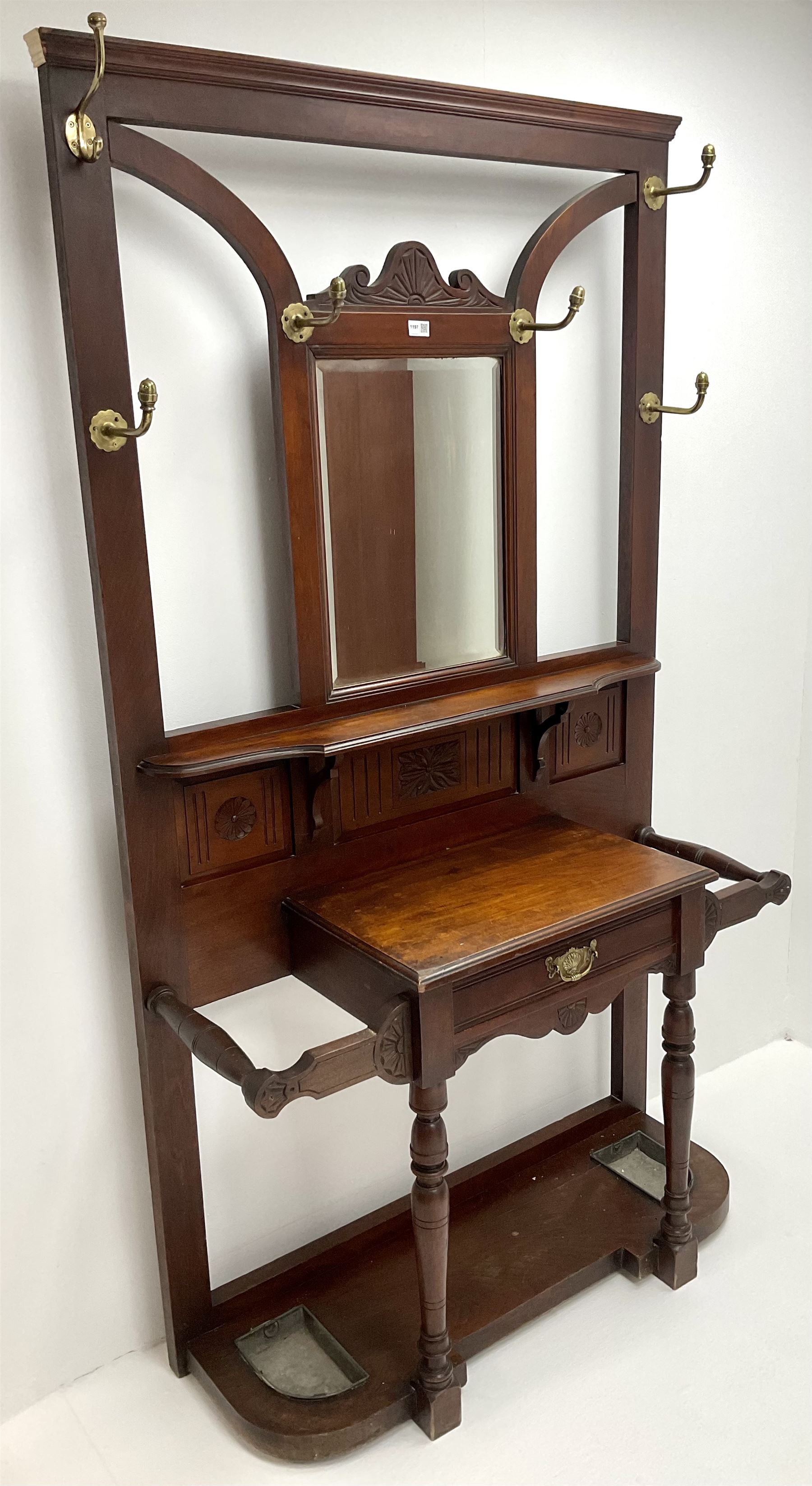Victorian mahogany hall stand, raised bevel edge mirror back, single drawer, solid undertier joined by turned supports