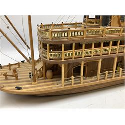 Hand built model of a river paddle steamer 'King of the Mississippi' and a sailing ship with three masts and unfurled sails, largest example H80cm, L101cm