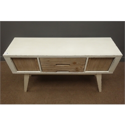  Rustic wood and painted sideboard, two centre drawers and two tambour roll cupboards, on angular supports, W122cm, H76cm, D35cm  