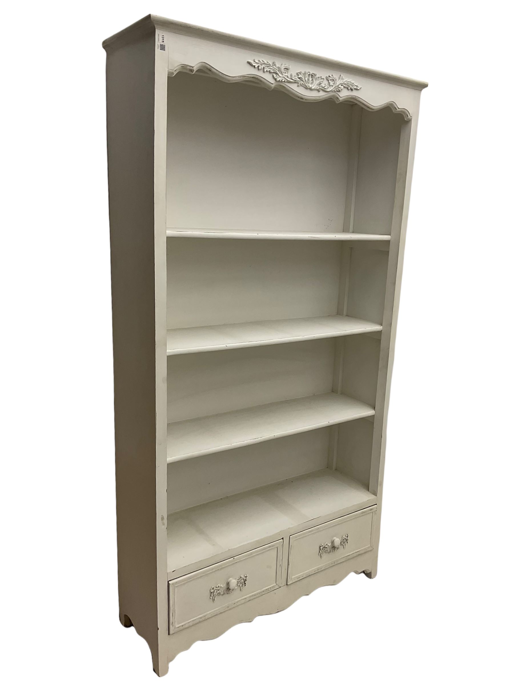 French style cream painted open bookcase with two drawers The