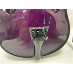 Intermusic 3/4 violin with a violet coloured solid wood body, ebonised fingerboard and fittings, bow and hard case, length 54cm