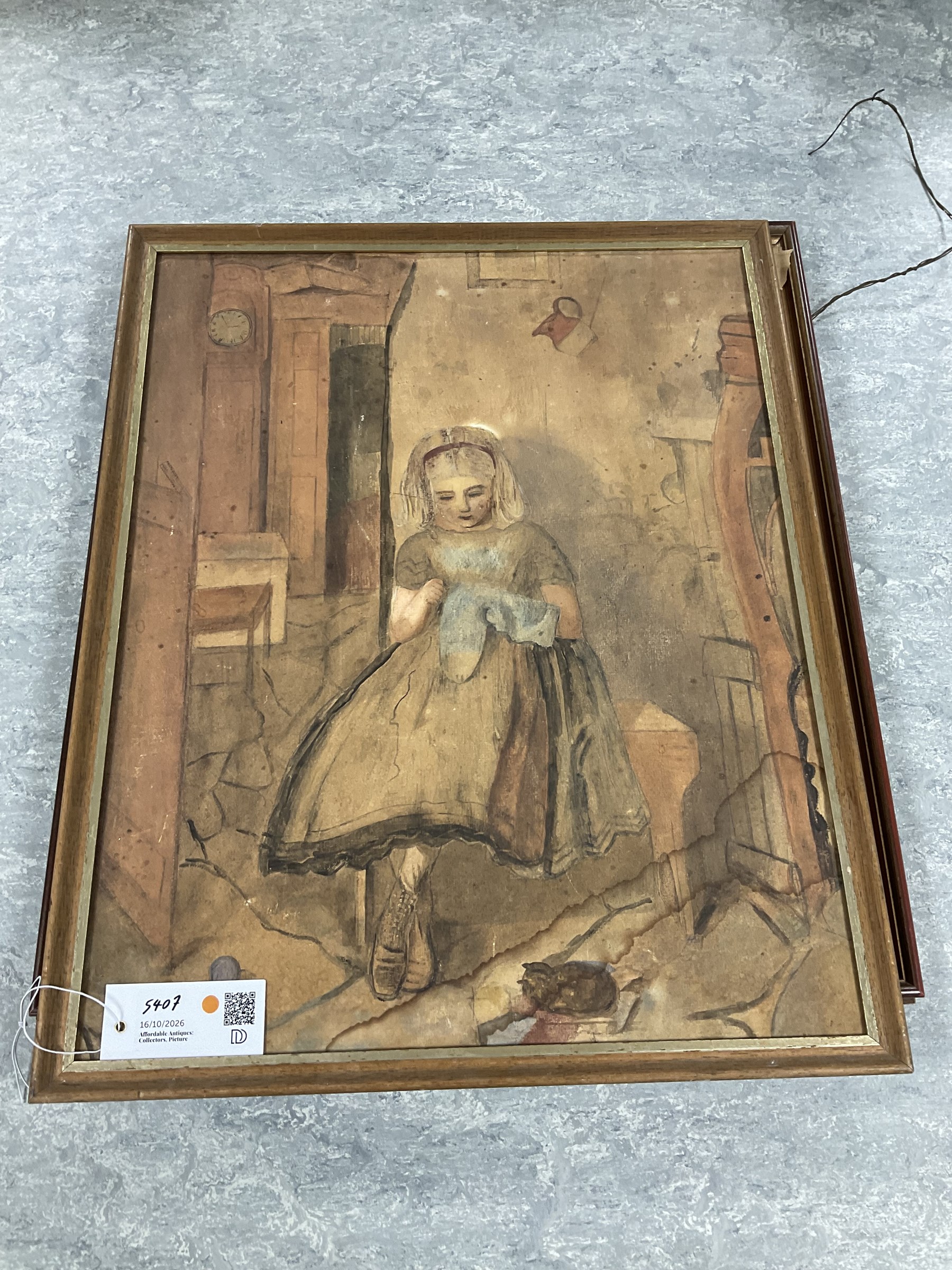 John Lamonby (Late 20th century) after Jean Baptiste Camille Corot (French 1796-1875): The Reader by the Wooded Bank, oil on canvas, signed titled and dated 1987 verso; Peter Davey (British 20th century): 'The Well of Église Saint André', watercolour signed, titled verso; English School (20th century): Girl Sewing, watercolour unsigned; English (20th century): Portrait of Boy in Profile, pencil drawing unsigned, max 51cm x 40cm (4)