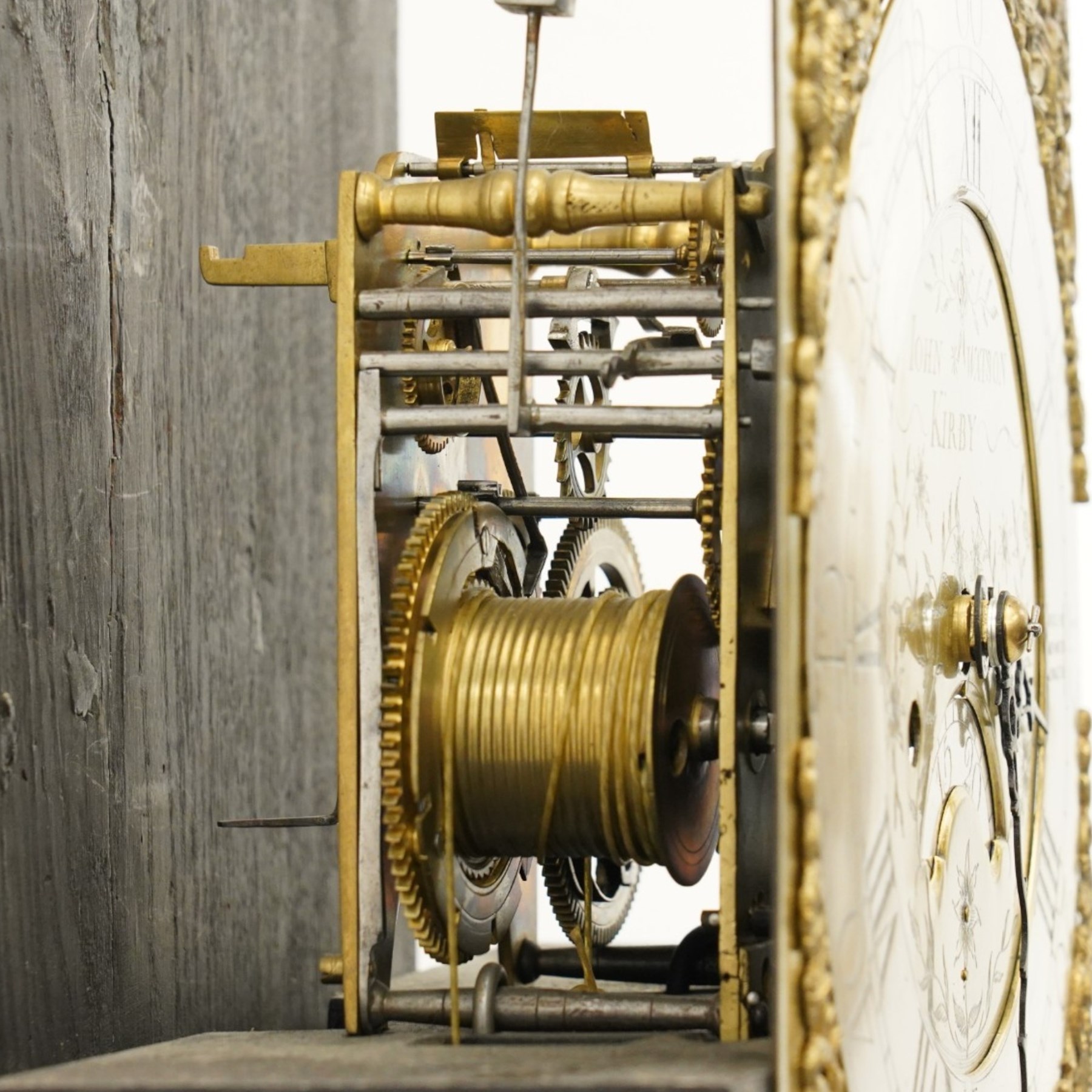 18th century oak longcase clock, brass and silvered dial by John Watson Kirby