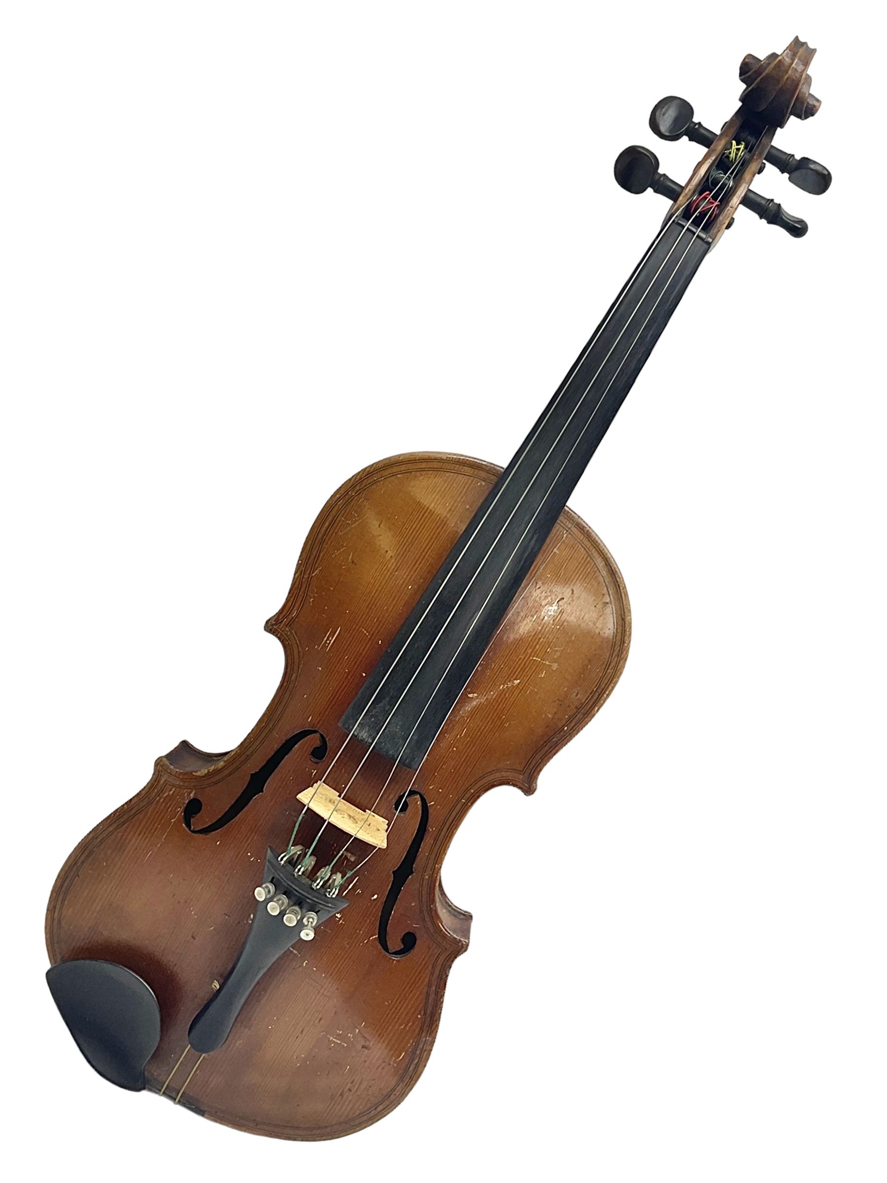 German copy of a Maggini violin c1900 with 35.5cm two-piece maple back and ribs and spruce top, bears label 'Maggini Deutsche Arbeit 1866' L59cm; in carrying case with bow