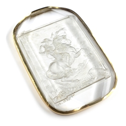  Late 19th century rock crystal cameo, intaglio engraved with Napoleon crossing the Alps at the St. Bernard Pass, after Jacques-Louis David, signed Possi. F, in 18ct gold mount, tested & fitted case, H7.8cm x W5.5cm   