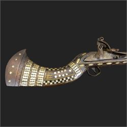 Indian Jezail style flintlock musket, with 118cm barrel, the East India Company lock marked 1818,  the curved butt inlaid with mother of pearl and brass decoration, overall L155cm