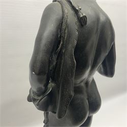 Bronzed classical nude male figure, upon a stepped circular base, H61cm 