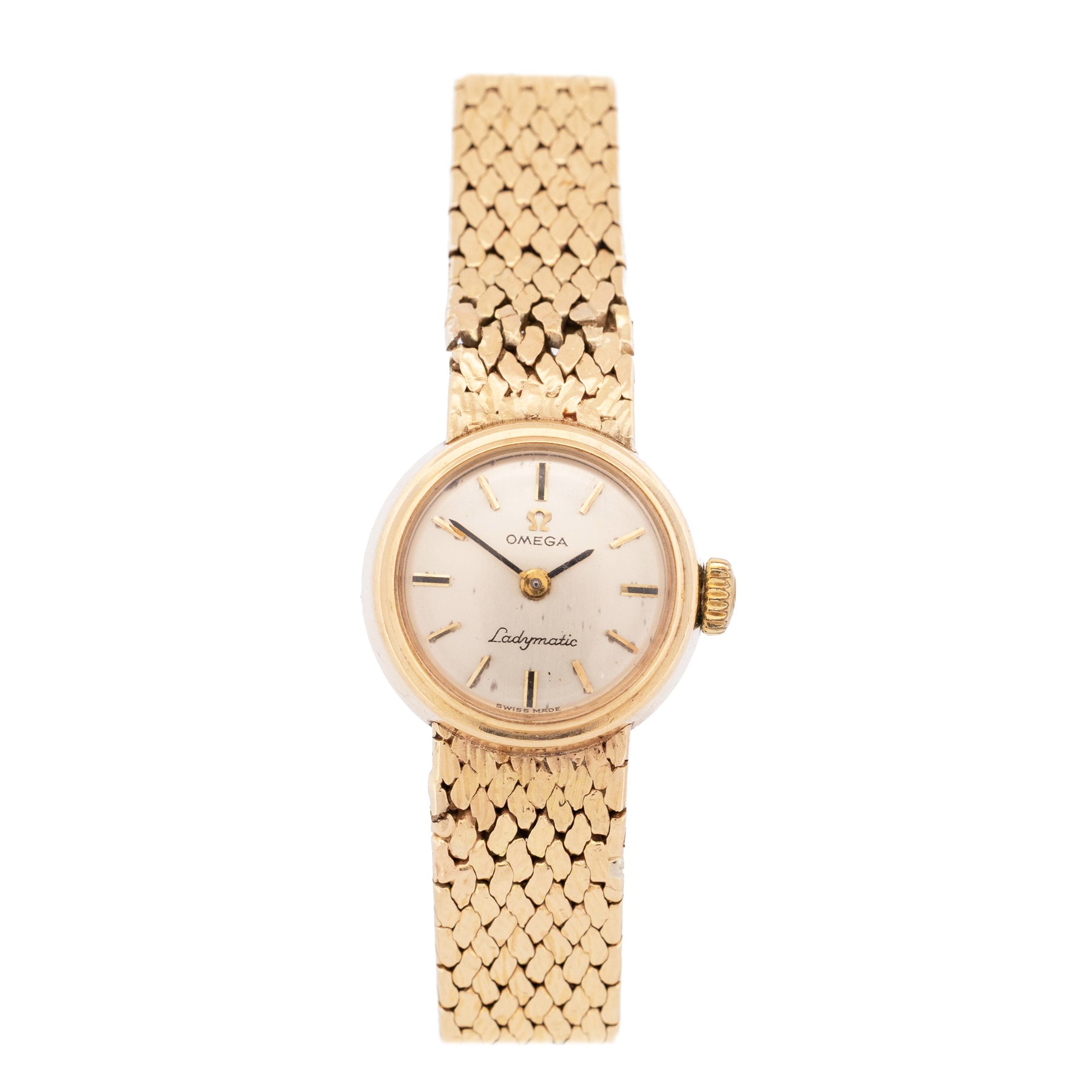 Omega Ladymatic 9ct gold automatic wristwatch, Cal. 661, silvered dial with baton hour markers, on integral 9ct gold bracelet, Birmingham 1968