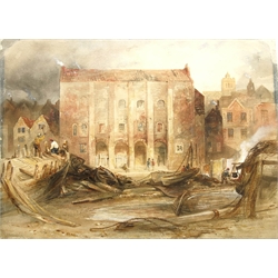  Joseph Newington Carter (British 1835-1871): The Old Assembly Rooms Sandside Scarborough with the boatyard in the foreground, watercolour signed and indistinctly dated 186?, 28cm x 38cm (unframed) Bibliog.: Scarborough Ancient and Modern pub. 1899 by J Chapman, Assembly Rooms illustrated by R E Clarke (plate 15) after a similar drawing by J N Carter Provenance: part of a large North Yorkshire single owner life time collection of J N Carter oils watercolours and sketches with David Duggleby 9th June 2014 Lot 37   