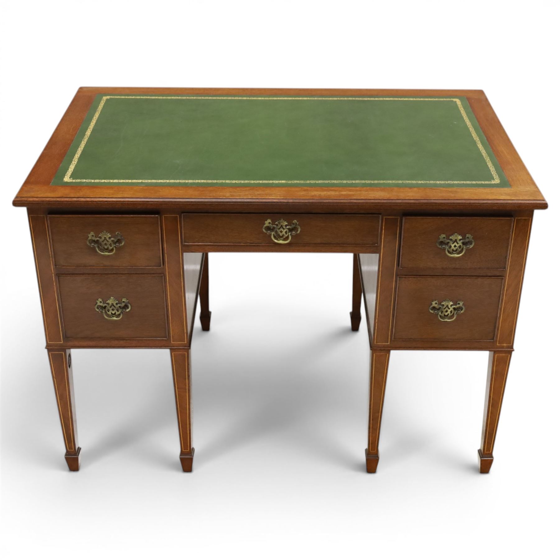 Acornman - Edwardian style mahogany kneehole desk, rectangular top with inset tooled green leather writing surface, central frieze drawer flanked by two further drawers either side, on square tapering inlaid supports terminating in spade feet, with signature carved acorn, by the workshop of Alan Grainger of Brandsby
