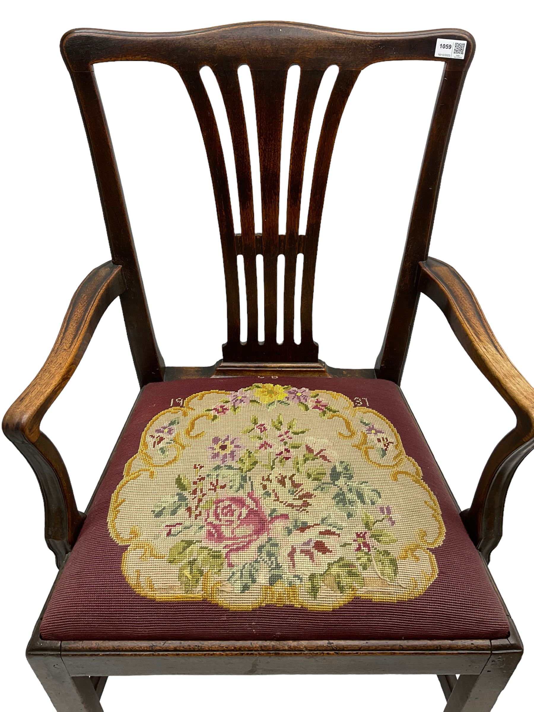 Early 19th century elm side chair, shaped cresting rail over vasiform splat with pierced decoration (W53cm, H96cm); Hepplewhite period mahogany side chair, shield back with pierced splat, on square tapering supports with spade feet (W55cm, H99cm); George III walnut elbow chair, shaped cresting rail and moulded frame, upholstered drop-in seat, on square supports with inner chamfer (W59cm, H95cm) (3)