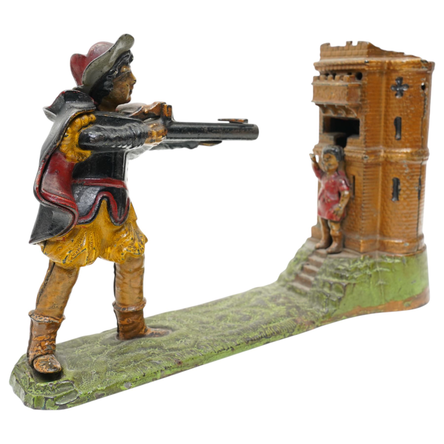 American painted cast iron money bank 'William Tell', the base marked 'Patented June 1896' L26cm and a 'Jolly Nigger' money bank (2)