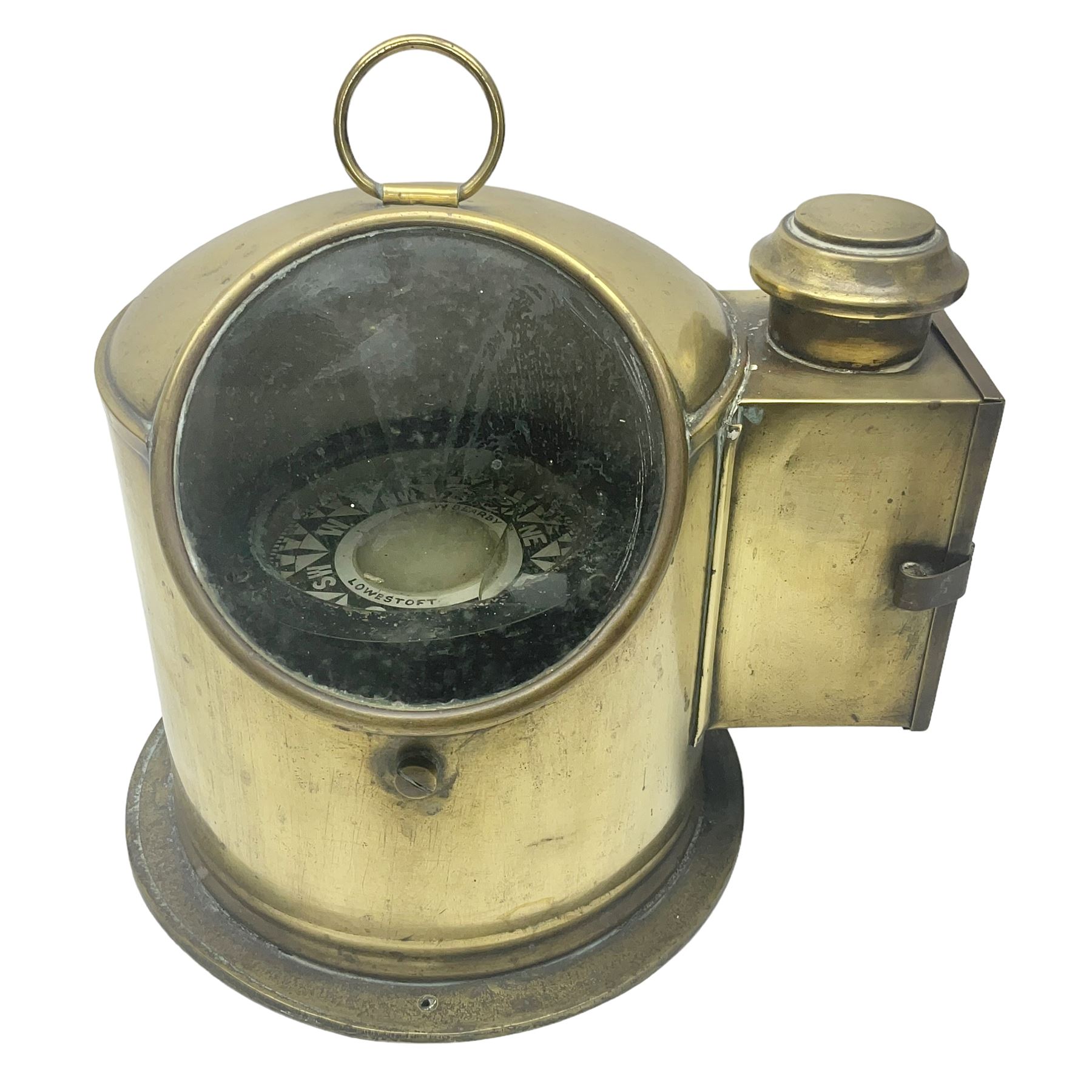 Ship's gimble compass in brass binnacle, the compass marked J. W. Searby & Son, Lowestoft, H24cm
