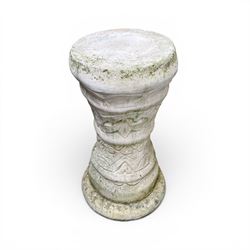 Collection of cast stone garden ornaments - three figure bird baths, figure on plinth, seated lion, lion, boy figure, and stone trough (9)