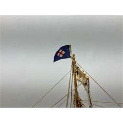 Three masted kit built sailing ship with cloth sales, deck fittings and full rigging, on open display, L110cm, H80cm  