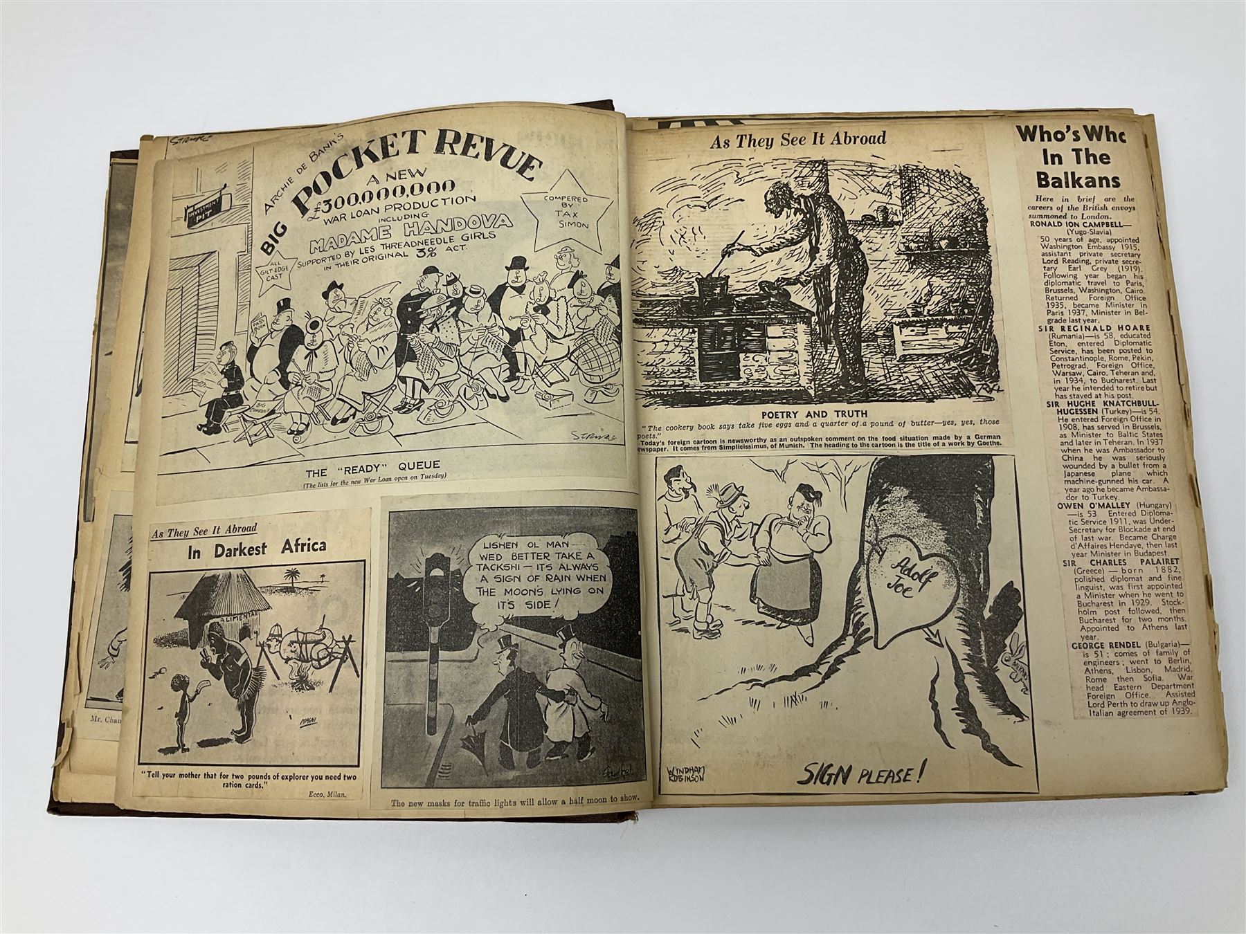 Album of WWII era paper ephemera, to include cartoon illustrations by George Goodwin Butterworth and Clive Uptton, articles and photographs