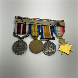 WW1 group of four miniature medals comprising 1914-15 Star, British War Medal, Victory Medal and George V Army meritorious Service Medal, on bar with ribbons