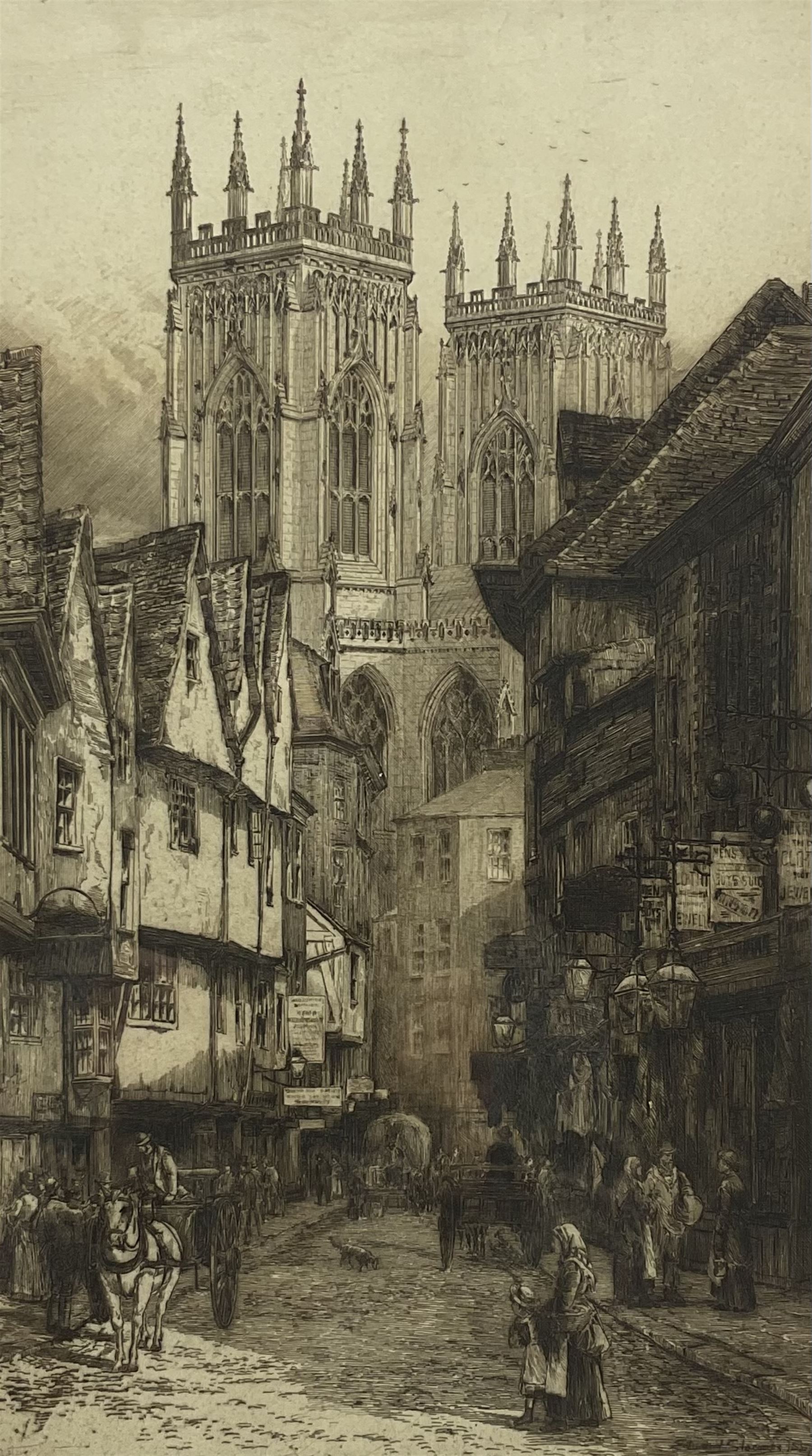 Samuel Buck (British 1696-1779) and Nathaniel Buck (British 18th century): 'The South-East Prospect of the City of York', engraving pub. 1745, 31cm x 81cm; Edward Slocombe (British 1850-1915): 'York Minster', etching dated 1887, 48cm x 27cm (2)
