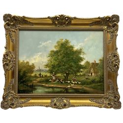 Barbara Gudrun Sibbons (German 1925-): A Meeting by the Wayside, oil on panel signed 40cm x 50cm