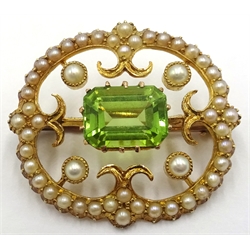  Edwardian gold peridot and seed pearl brooch stamped 15ct  