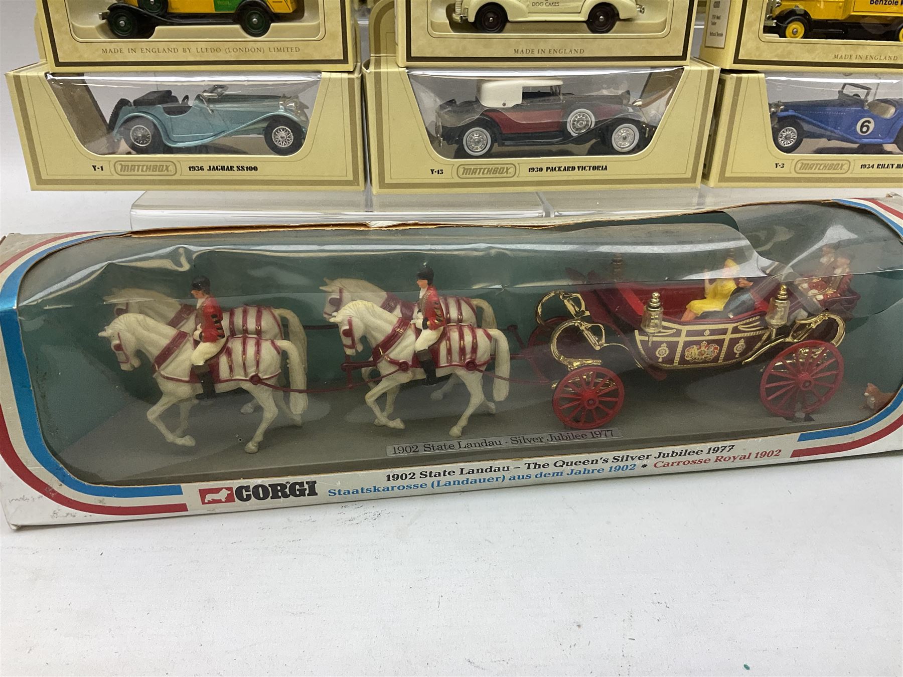 Various makers - forty-five modern die-cast models by Matchbox MOY, Days Gone, Lledo, Corgi etc including single models and sets, 1977 Silver Jubilee State Landau, commercial and promotional vehicles, passenger coach and horses, RAF etc; all boxed (45)